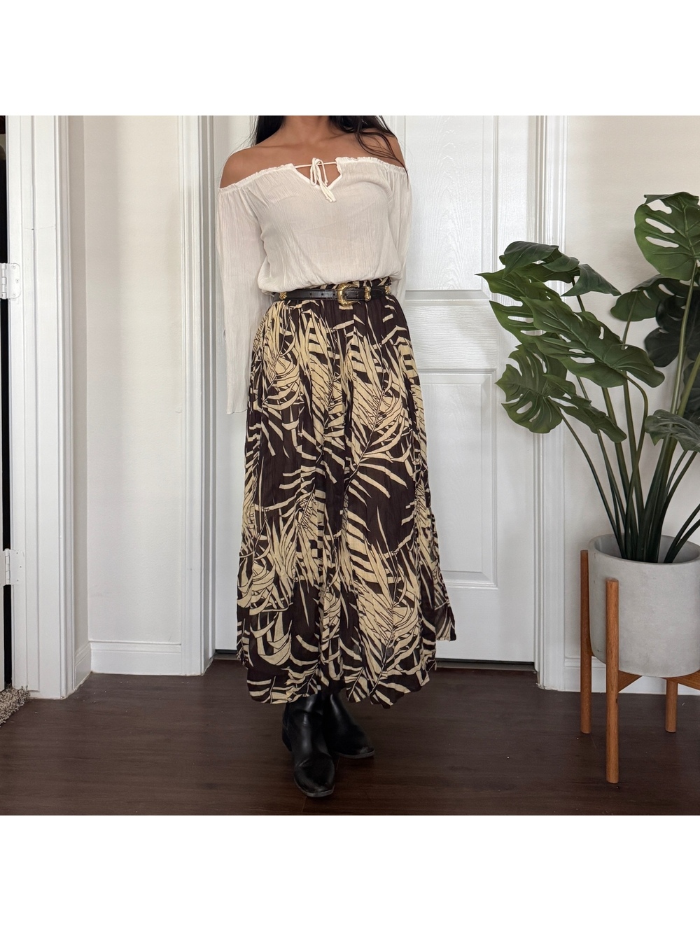 Brown Boho Flowy Crinkle Cotton A line Maxi Skirt Size M Fairycore Ren Faire